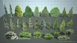 2D models of conifer trees and shrubs for landscape design, set 10 (27 pcs)