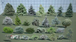 2D models of conifer trees and shrubs for landscape design, set 11 (28 pcs)