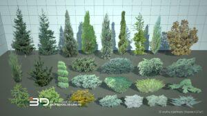 2D models of conifer trees and shrubs for landscape design, set 8 (27 pcs)