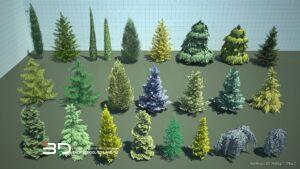 3D models of conifer trees and shrubs for landscape design, set 1 (24 pcs)